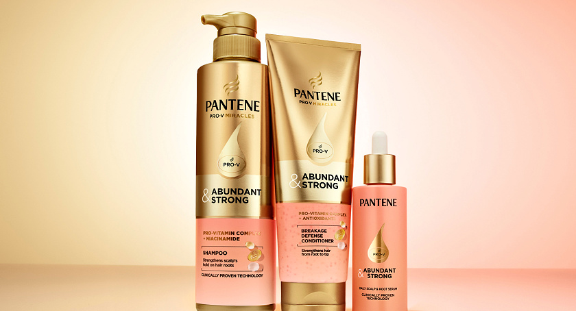Pantene's new Abundant & Strong collection—in gold packaging.
